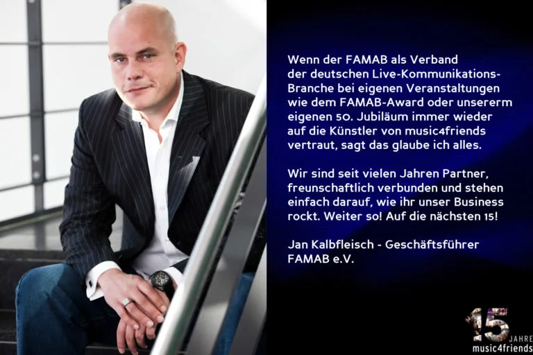 Glückwünsche zum 15-jährigen Jubiläum von music4friends mit Wegbegleitern.